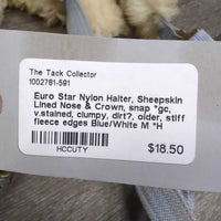Nylon Halter, Sheepskin Lined Nose & Crown, snap *gc, v.stained, clumpy, dirt?, older, stiff fleece edges
