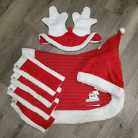 7 Pc SANTA Set: Saddle Pad, Santa & Reindeer Hats, 4 Leg Wraps *vgc, clean, mnr hair, rubs, pills & stains
