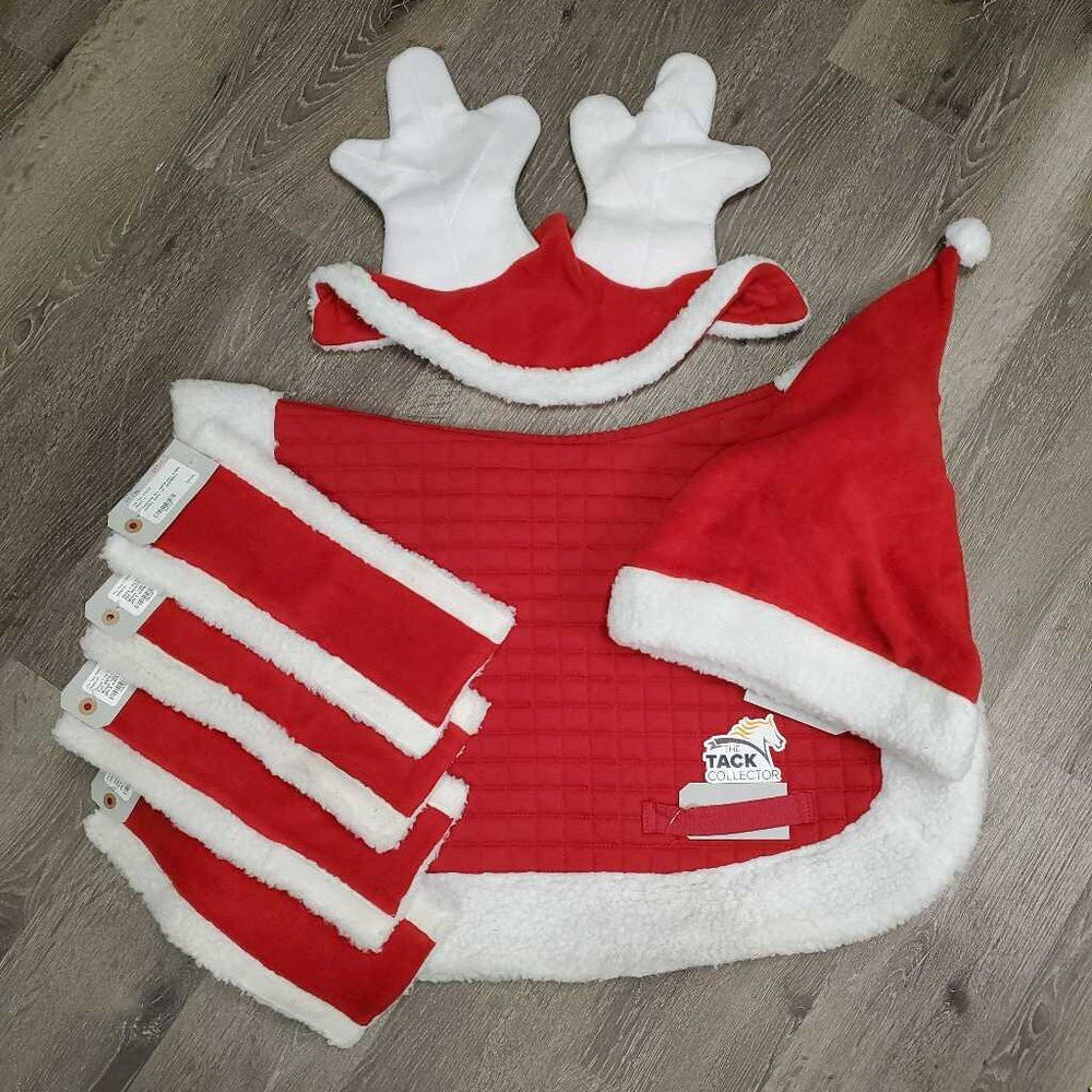 7 Pc SANTA Set: Saddle Pad, Santa & Reindeer Hats, 4 Leg Wraps *vgc, clean, mnr hair, rubs, pills & stains