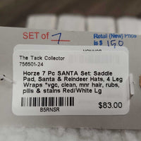 7 Pc SANTA Set: Saddle Pad, Santa & Reindeer Hats, 4 Leg Wraps *vgc, clean, mnr hair, rubs, pills & stains
