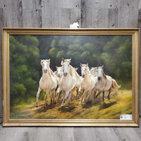 7 Horses Original Oil? Painting, Wood Frame *gc/fair, scrapes, peeled, hole, torn paper back