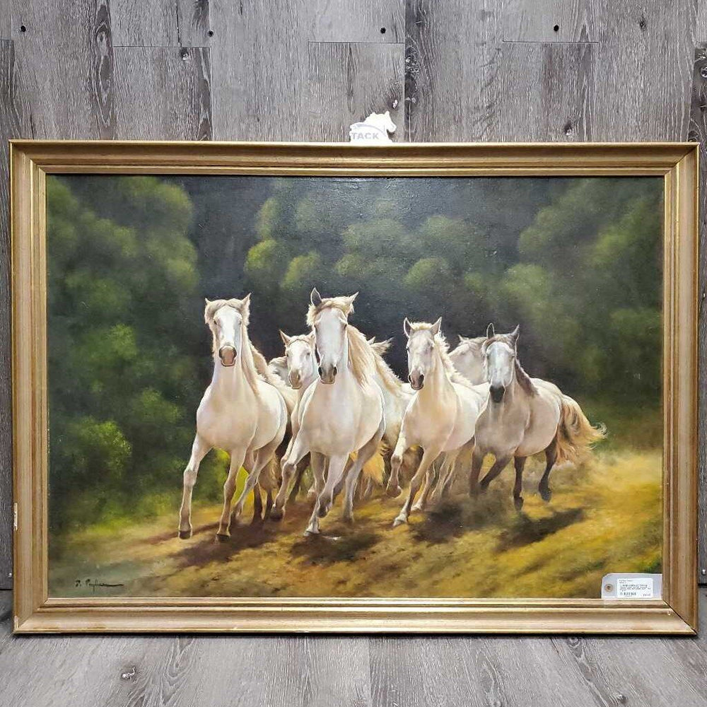 7 Horses Original Oil? Painting, Wood Frame *gc/fair, scrapes, peeled, hole, torn paper back