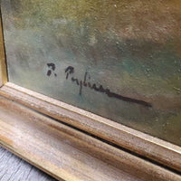 7 Horses Original Oil? Painting, Wood Frame *gc/fair, scrapes, peeled, hole, torn paper back