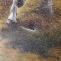 7 Horses Original Oil? Painting, Wood Frame *gc/fair, scrapes, peeled, hole, torn paper back
