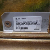 7 Horses Original Oil? Painting, Wood Frame *gc/fair, scrapes, peeled, hole, torn paper back
