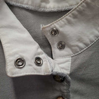 SS Show Shirt, 1/2 Button Up, snap collar *gc, older, v.frayed piping, puckers, dingy, stained collar e dges
