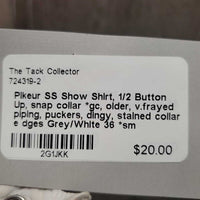 SS Show Shirt, 1/2 Button Up, snap collar *gc, older, v.frayed piping, puckers, dingy, stained collar e dges
