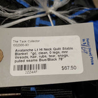 Lt Hi Neck Quilt Stable Blanket *gc, clean, 0 legs, mnr threads, hair, rubs, tear, snags, pulled seams
