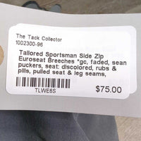 Side Zip Euroseat Breeches *gc, faded, seam puckers, seat: discolored, rubs & pills, pulled seat & leg seams, v.hairy velcro
