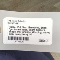 Full Seat Breeches, grips *gc, faded, rubs, seam puckers, snags, mnr undone stitching, curled inner waist
