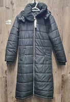 Long Puffer Winter Jacket, detach hood *xc, clean, mnr hair, crumbs
