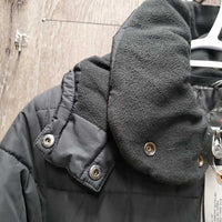Long Puffer Winter Jacket, detach hood *xc, clean, mnr hair, crumbs

