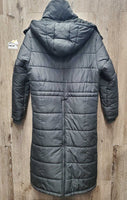 Long Puffer Winter Jacket, detach hood *xc, clean, mnr hair, crumbs
