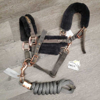 Nylon Fleece Lined Halter, adj, snap & Lead Rope *gc, hair, dirt, clumpy, rubs, scuffs, oxidized
