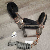 Nylon Fleece Lined Halter, adj, snap & Lead Rope *gc, hair, dirt, clumpy, rubs, scuffs, oxidized
