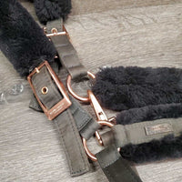Nylon Fleece Lined Halter, adj, snap & Lead Rope *gc, hair, dirt, clumpy, rubs, scuffs, oxidized
