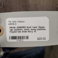 JUNIORS Quilt Vest, Zipper *gc, puckers, clean, dusty pockets, frayed tab ends
