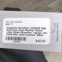 JUNIORS High Back Euro Seat Pleather Fleece Lined Winter Breeches *vgc/gc, mnr stains?dirt, seam puckers
