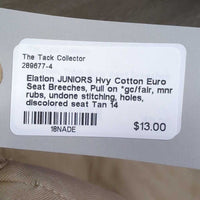JUNIORS Hvy Cotton Euro Seat Breeches, Pull on *gc/fair, mnr rubs, undone stitching, holes, discolored seat
