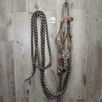 Headstall, Sweet Iron L.Ring, Slobber Straps, Chin, 20' Double Diamond Nylon Rope Mecate Reins *gc/vgc, rubs, scrapes, stains, clean & dirty
