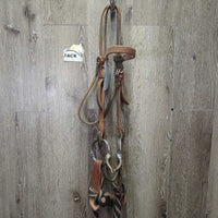 Headstall, Sweet Iron L.Ring, Slobber Straps, Chin, 20' Double Diamond Nylon Rope Mecate Reins *gc/vgc, rubs, scrapes, stains, clean & dirty

