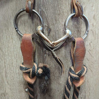 Headstall, Sweet Iron L.Ring, Slobber Straps, Chin, 20' Double Diamond Nylon Rope Mecate Reins *gc/vgc, rubs, scrapes, stains, clean & dirty
