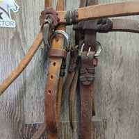 Headstall, Sweet Iron L.Ring, Slobber Straps, Chin, 20' Double Diamond Nylon Rope Mecate Reins *gc/vgc, rubs, scrapes, stains, clean & dirty
