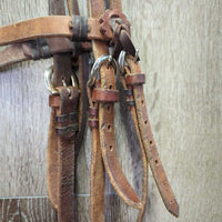 Headstall, Sweet Iron L.Ring, Slobber Straps, Chin, 20' Double Diamond Nylon Rope Mecate Reins *gc/vgc, rubs, scrapes, stains, clean & dirty
