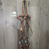 Headstall, Sweet Iron L.Ring, Slobber Straps, Chin, 20' Double Diamond Nylon Rope Mecate Reins *gc/vgc, rubs, scrapes, stains, clean & dirty
