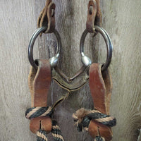 Headstall, Sweet Iron L.Ring, Slobber Straps, Chin, 20' Double Diamond Nylon Rope Mecate Reins *gc/vgc, rubs, scrapes, stains, clean & dirty
