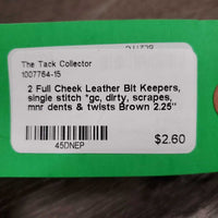 2 Full Cheek Leather Bit Keepers, single stitch *gc, dirty, scrapes, mnr dents & twists
