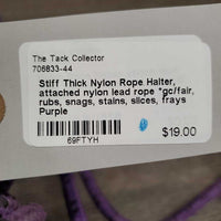 Stiff Thick Nylon Rope Halter, attached nylon lead rope *gc/fair, rubs, snags, stains, slices, frays
