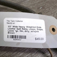 1/2" Wide Heavy Weighted Ends Leather Split Reins, Loops, Snaps, Laces *gc, film, dirty, scrapes
