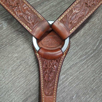 1.5" Wide Floral Tooled Leather Breastcollar, snap *xc/like new, clean, v.mnr stains, rubs & creases
