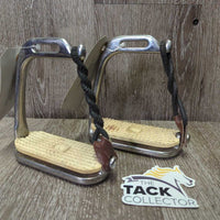 Narrow Hvy Safety Stirrups, grips, leather keepers, elastics *gc, dirty, cracked elast, grips: too big & yellowed
