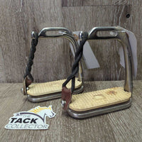 Narrow Hvy Safety Stirrups, grips, leather keepers, elastics *gc, dirty, cracked elast, grips: too big & yellowed
