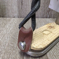 Narrow Hvy Safety Stirrups, grips, leather keepers, elastics *gc, dirty, cracked elast, grips: too big & yellowed
