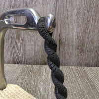 Narrow Hvy Safety Stirrups, grips, leather keepers, elastics *gc, dirty, cracked elast, grips: too big & yellowed
