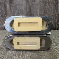 Narrow Hvy Safety Stirrups, grips, leather keepers, elastics *gc, dirty, cracked elast, grips: too big & yellowed
