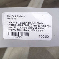 Cotton Web Fleece Lined Girth, 2 els, D Ring *gc, mnr dirt, clumps, hairy & curled edges, older
