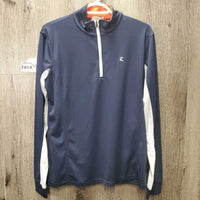 LS Sun Shirt, 1/3 Zip Up, mesh sleeves *gc, shrunk?, v.puckered mesh edges, mnr dingy pits, stain, seam puckers & hair
