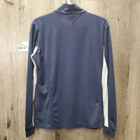 LS Sun Shirt, 1/3 Zip Up, mesh sleeves *gc, shrunk?, v.puckered mesh edges, mnr dingy pits, stain, seam puckers & hair
