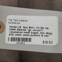 LS Sun Shirt, 1/3 Zip Up, mesh sleeves *gc, shrunk?, v.puckered mesh edges, mnr dingy pits, stain, seam puckers & hair
