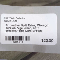 Pr Leather Split Reins, Chicago screws *vgc, clean, stiff, creases/folds

