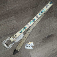 Leather Western Belt, Hvy Bling Buckle *gc, mnr dents, stains, loose threads, stretched holes, older
