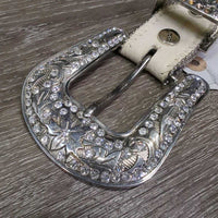 Leather Western Belt, Hvy Bling Buckle *gc, mnr dents, stains, loose threads, stretched holes, older

