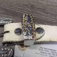Leather Western Belt, Hvy Bling Buckle *gc, mnr dents, stains, loose threads, stretched holes, older
