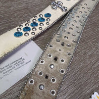 Leather Western Belt, Hvy Bling Buckle *gc, mnr dents, stains, loose threads, stretched holes, older
