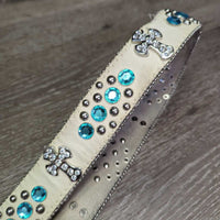 Leather Western Belt, Hvy Bling Buckle *gc, mnr dents, stains, loose threads, stretched holes, older
