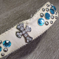 Leather Western Belt, Hvy Bling Buckle *gc, mnr dents, stains, loose threads, stretched holes, older
